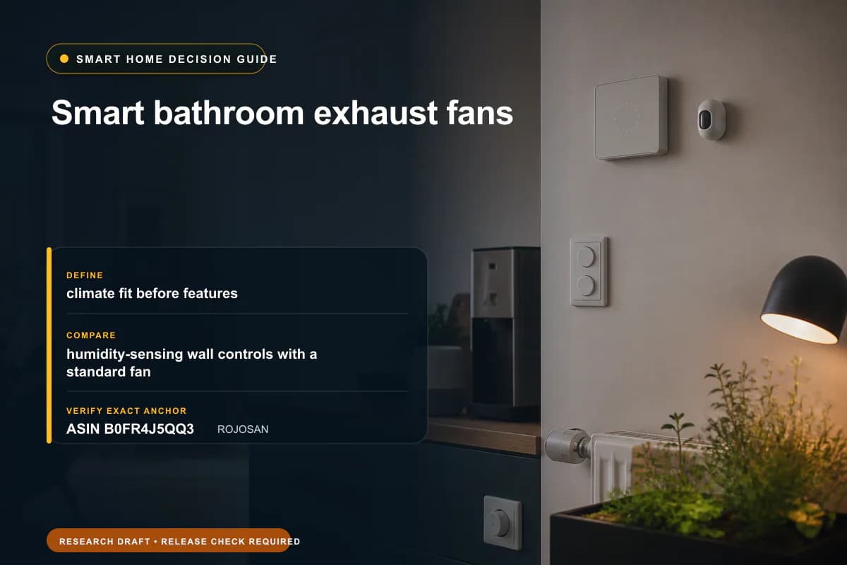 Editorial buying worksheet for smart bathroom exhaust fans showing fit, compatibility, ownership checks, and the simpler alternative