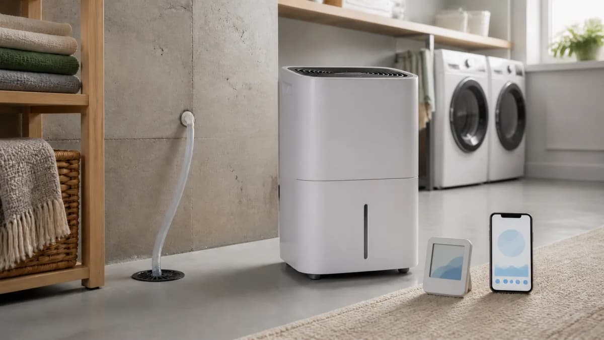 Editorial basement scene with a smart dehumidifier, floor drain hose, separate monitor, and abstract phone dashboard