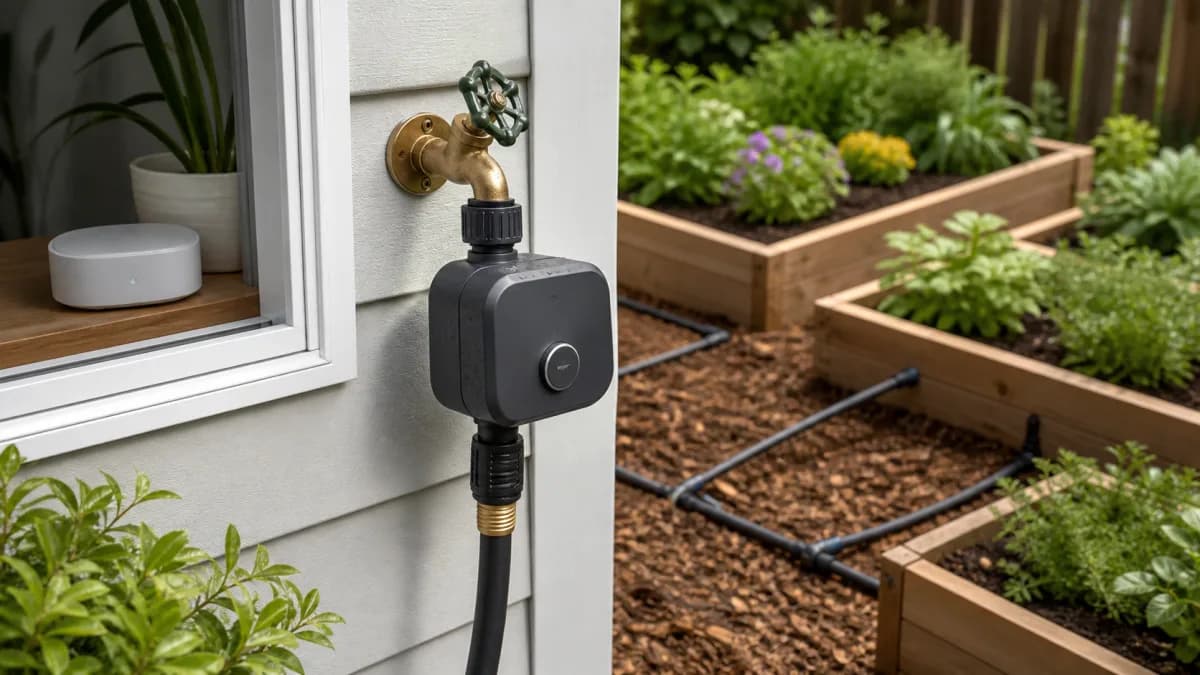 Editorial garden faucet with a smart hose timer, Wi-Fi hub, drip lines, and watering zones