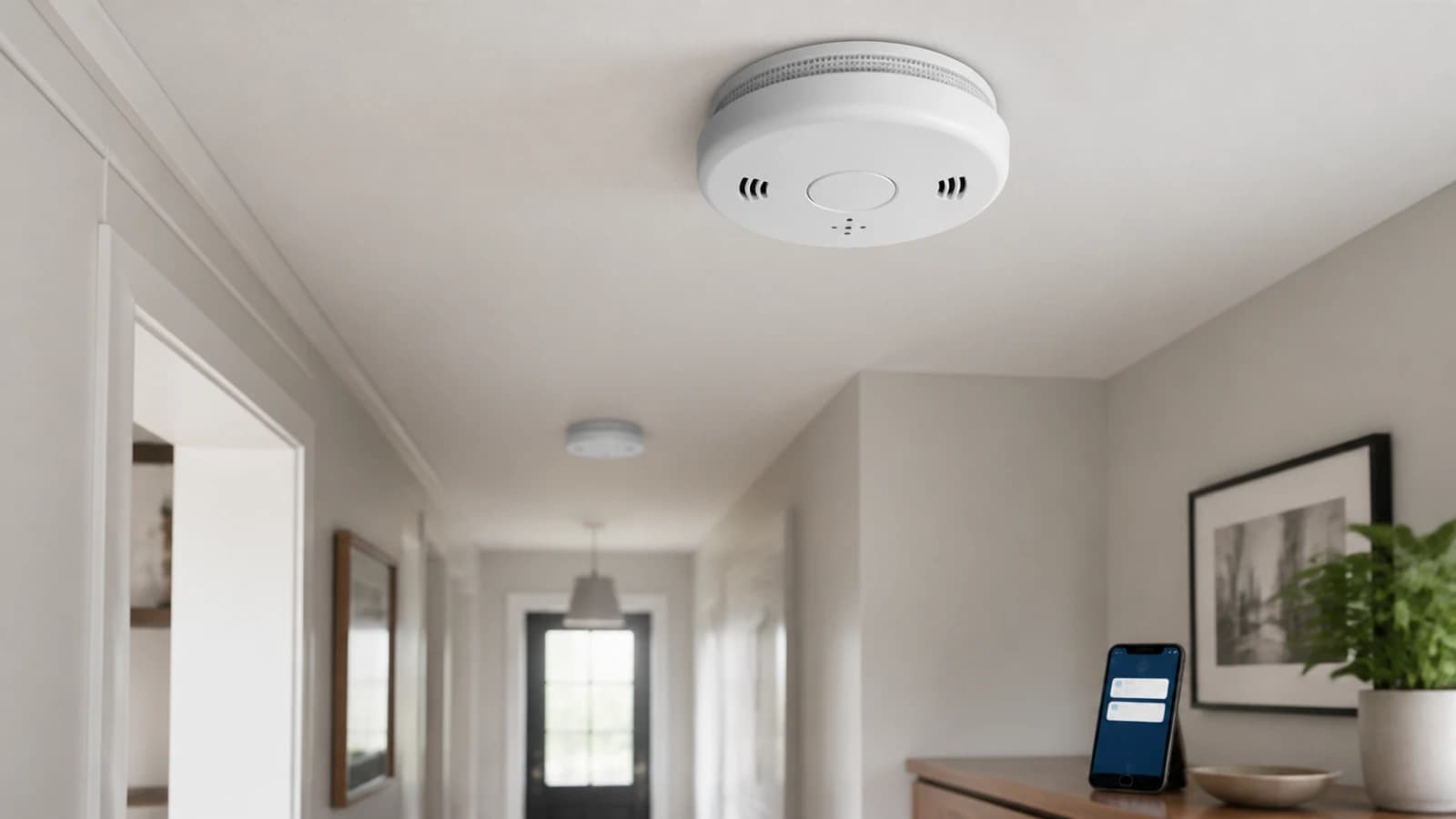 Editorial ceiling and app scene representing a smart smoke and carbon monoxide alarm system