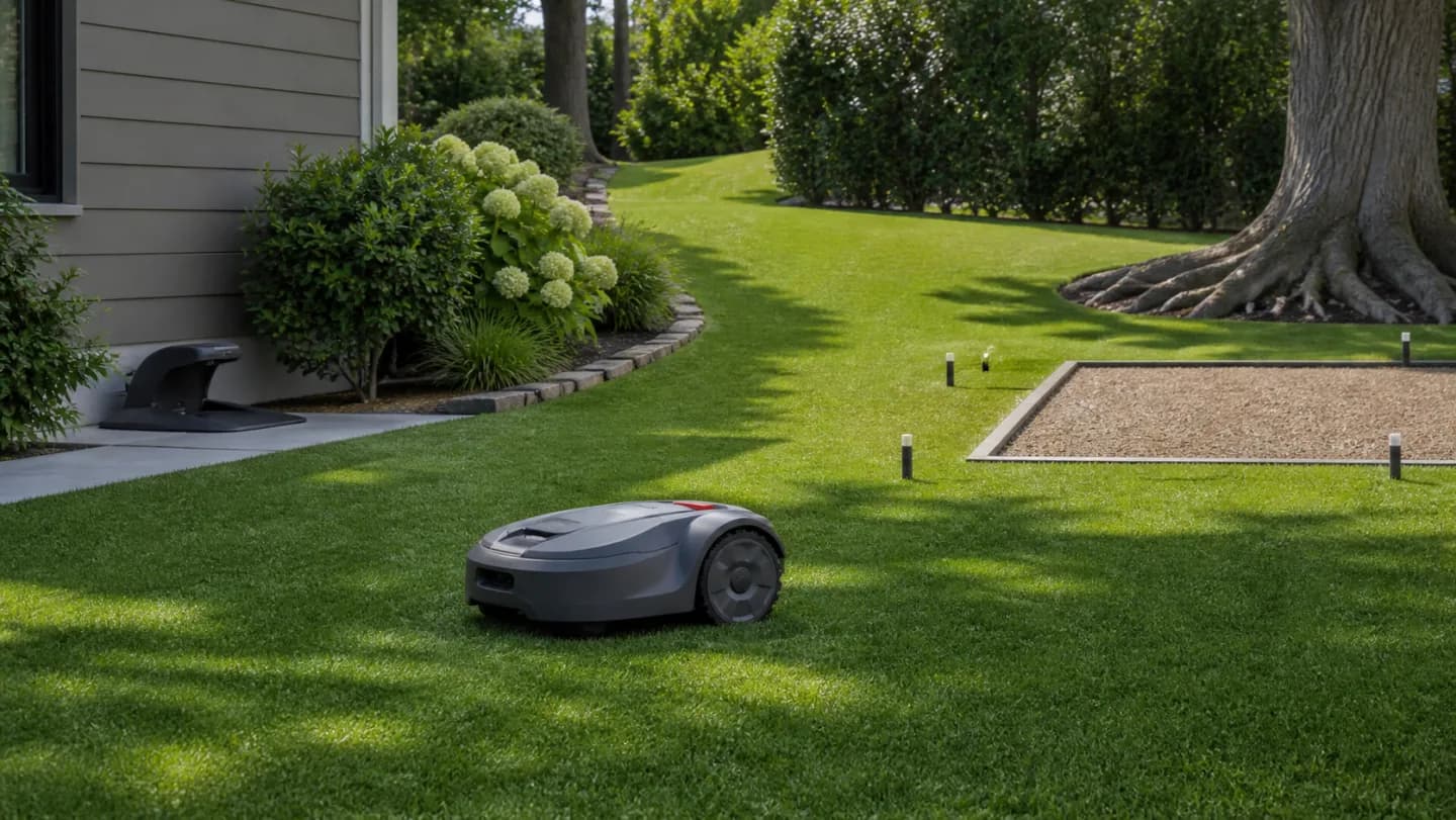 Editorial yard map with a robot lawn mower, charging dock, narrow passage, tree roots, slope markers, play area, and virtual boundary zones