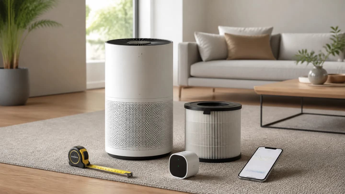 Editorial living room with a smart air purifier, replacement filter, room dimensions, particle sensor, and abstract air-quality app