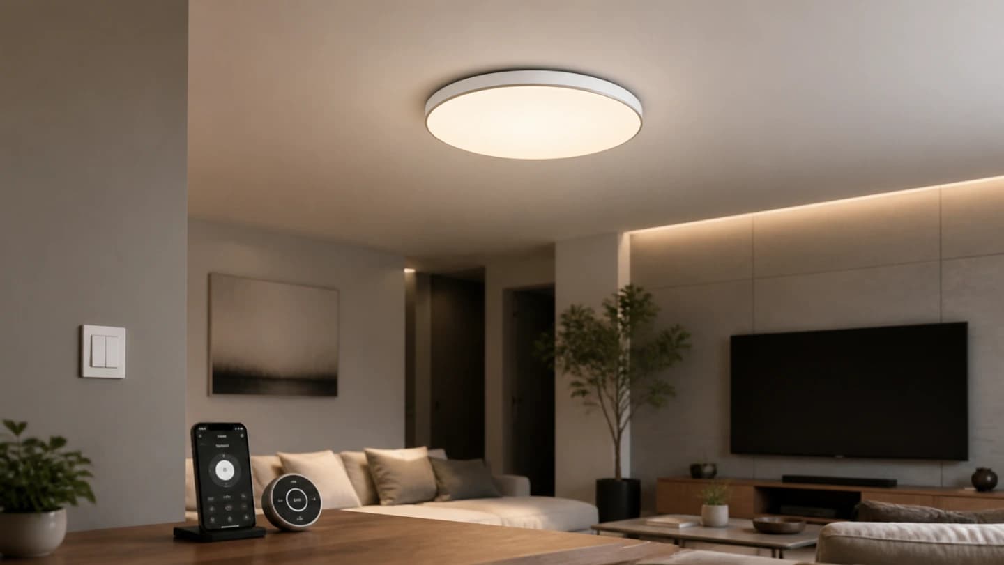 Editorial room plan with a smart flush-mount ceiling light, junction box, wall switch, lumen zones, color temperature scale, and Matter controller