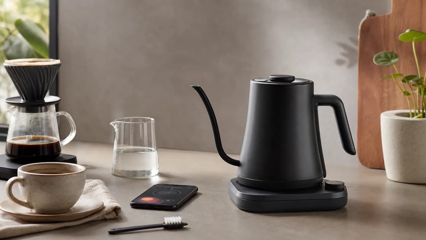 Editorial kitchen counter with a smart gooseneck kettle, temperature presets, coffee dripper, tea cup, and abstract phone controls