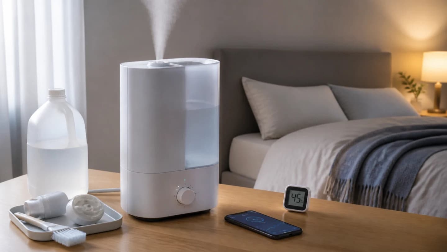 Editorial bedroom with a smart top-fill humidifier, separate hygrometer, distilled water container, cleaning brush, and phone schedule
