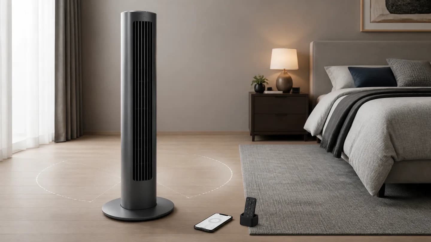 Editorial bedroom with a slim smart tower fan, measured airflow path, oscillation arc, bed clearance, remote, and abstract app controls