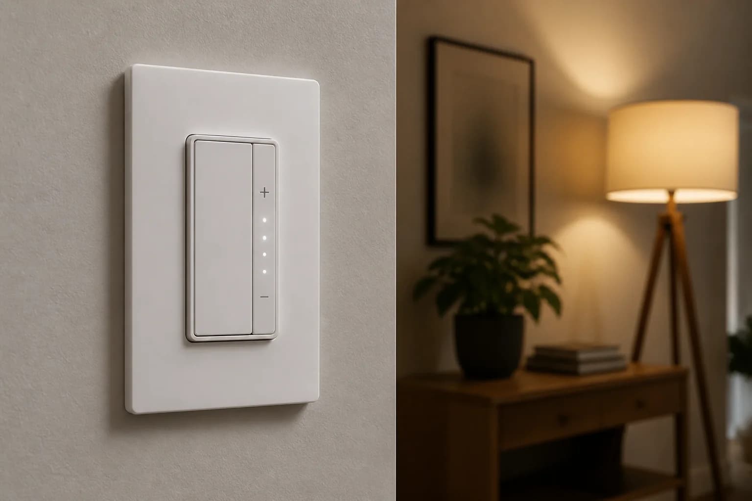 Editorial residential wall scene with a modern single-pole smart dimmer and a softly lit lamp