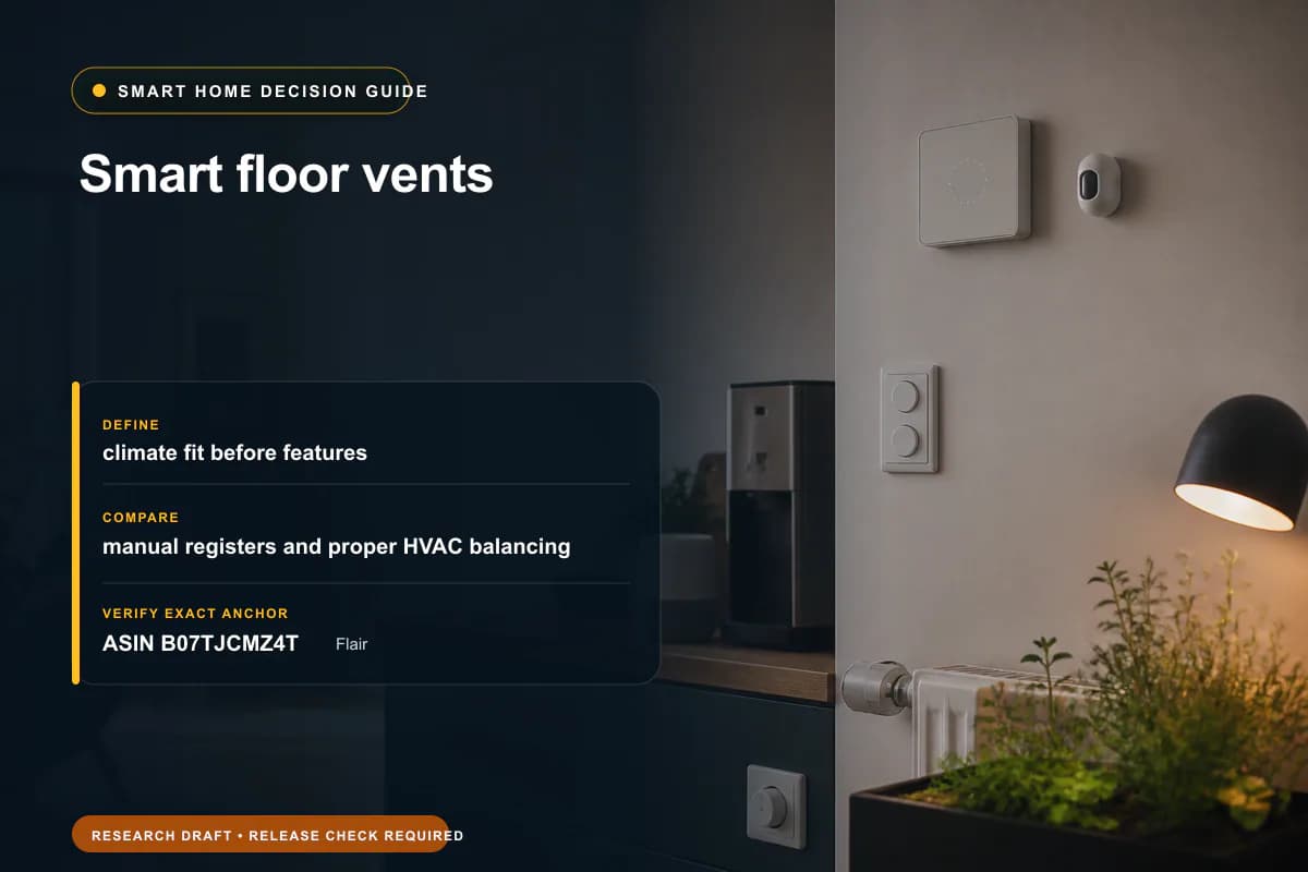 Editorial buying worksheet for smart floor vents showing fit, compatibility, ownership checks, and the simpler alternative