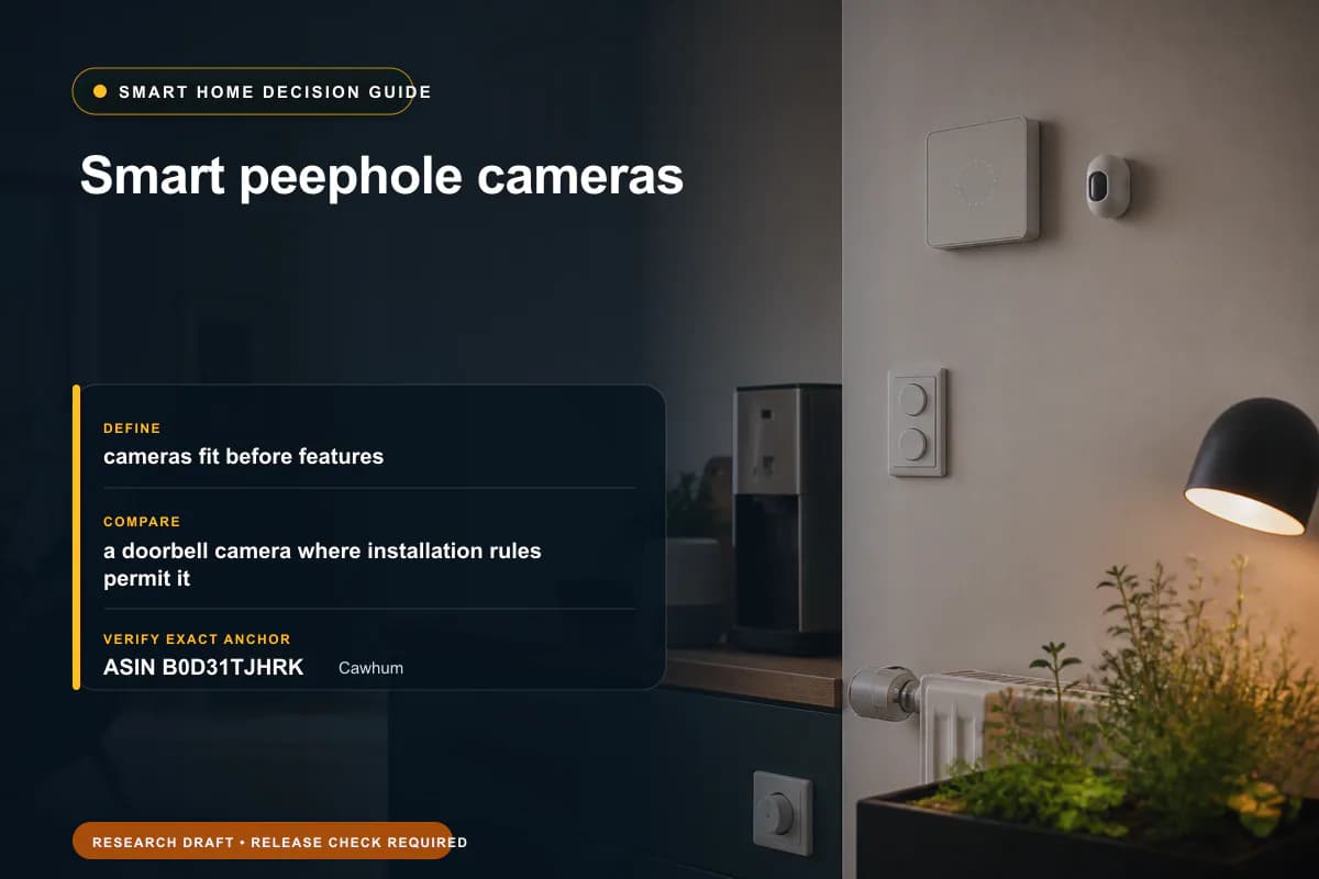 Editorial buying worksheet for smart peephole cameras showing fit, compatibility, ownership checks, and the simpler alternative