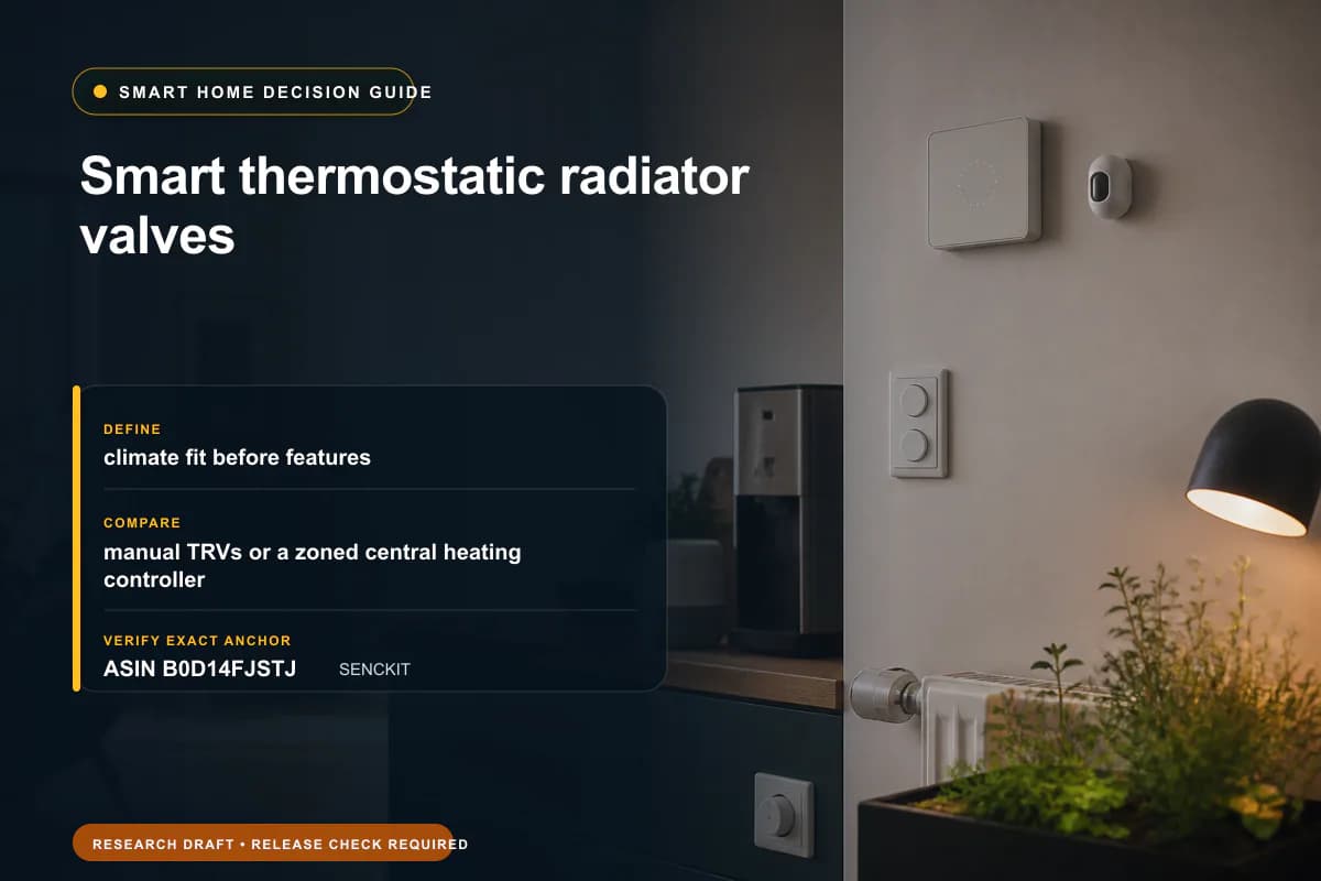 Editorial buying worksheet for smart thermostatic radiator valves showing fit, compatibility, ownership checks, and the simpler alternative