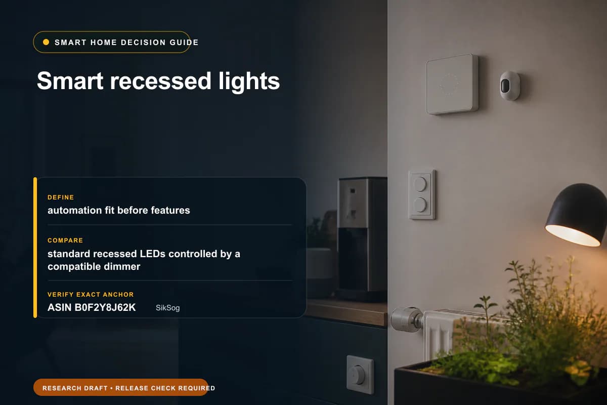 Editorial buying worksheet for smart recessed lights showing fit, compatibility, ownership checks, and the simpler alternative