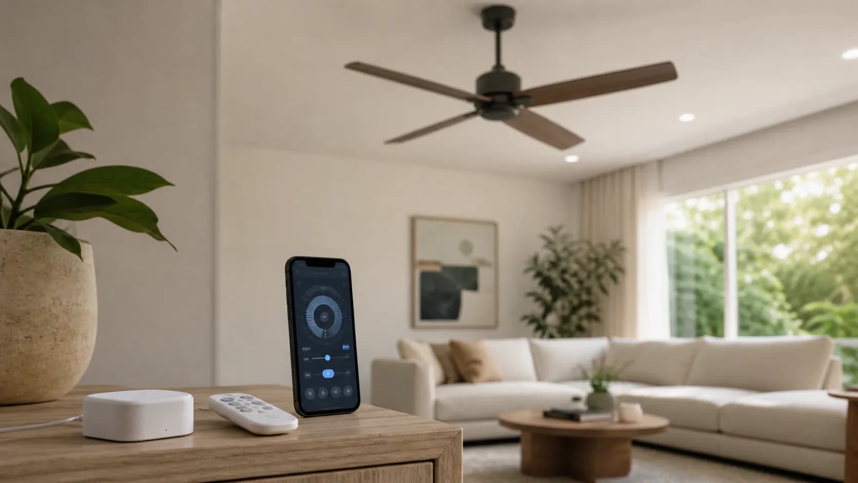 Editorial living-room climate scene representing smart ceiling-fan control