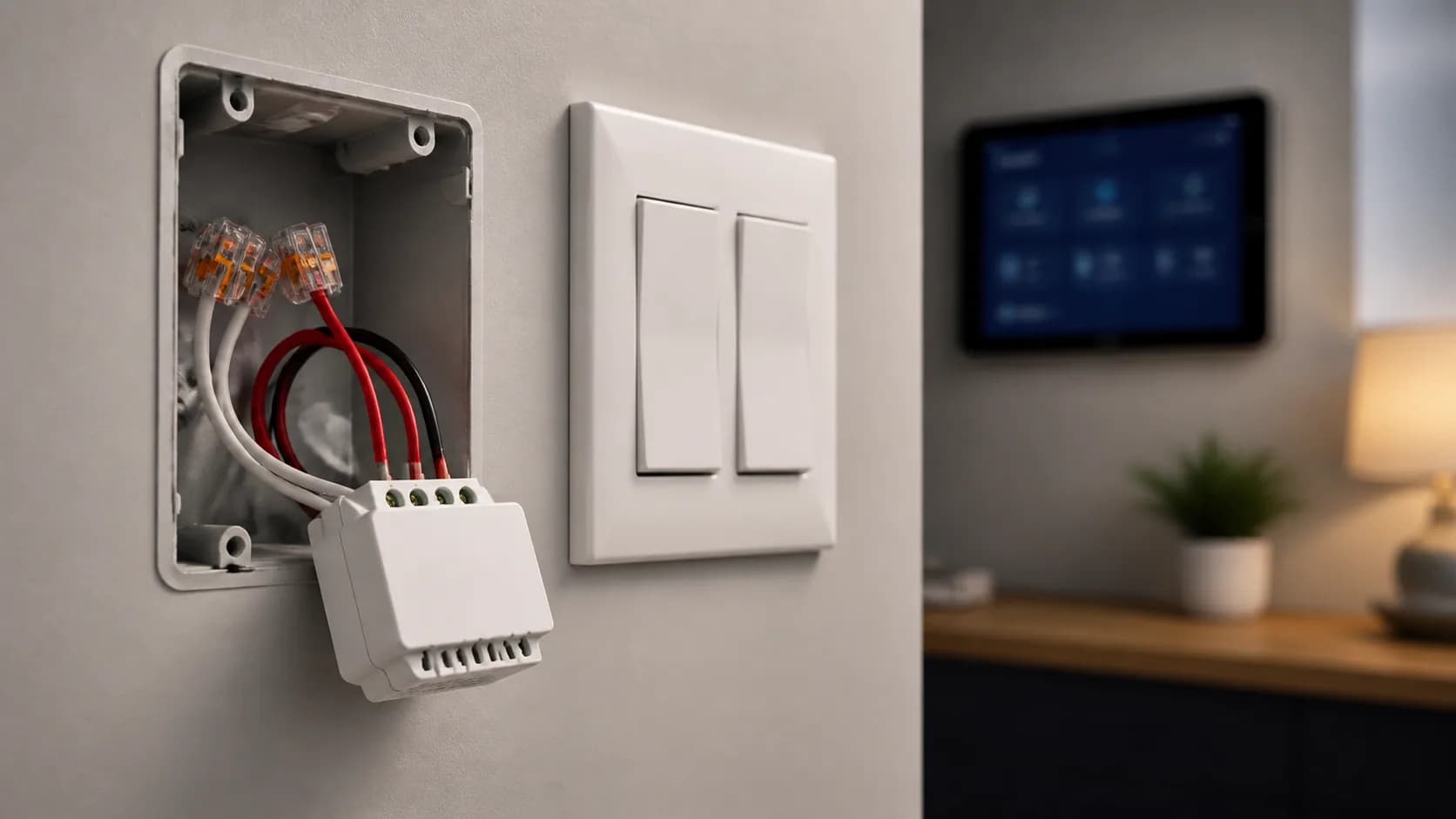 Editorial smart-home control scene representing a concealed relay installation