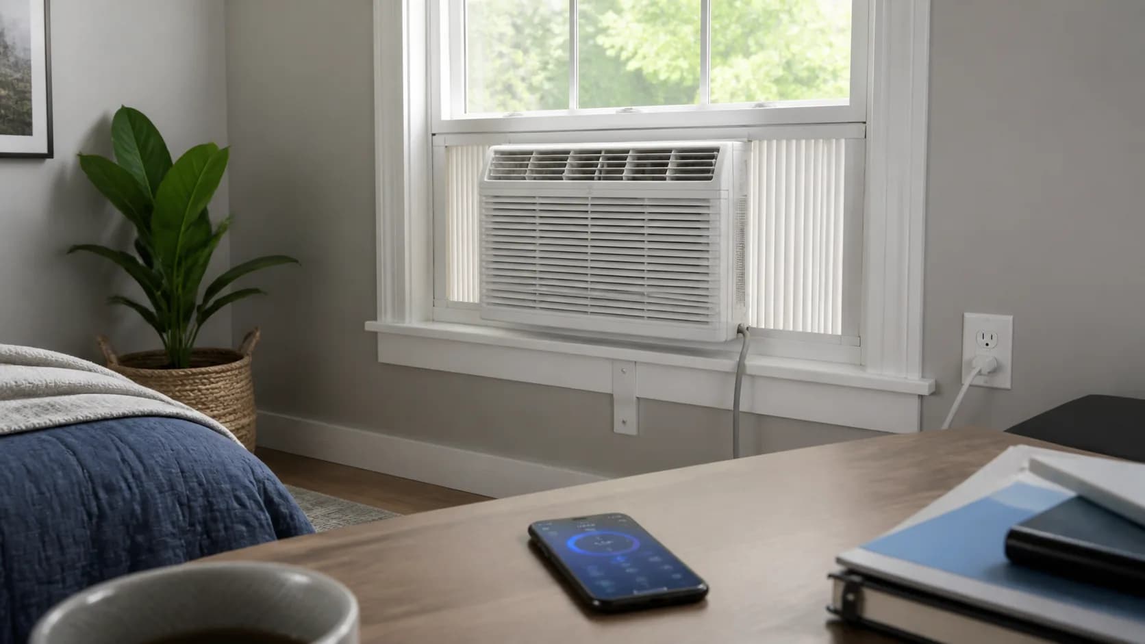 Editorial room climate scene representing a smart window air-conditioner installation