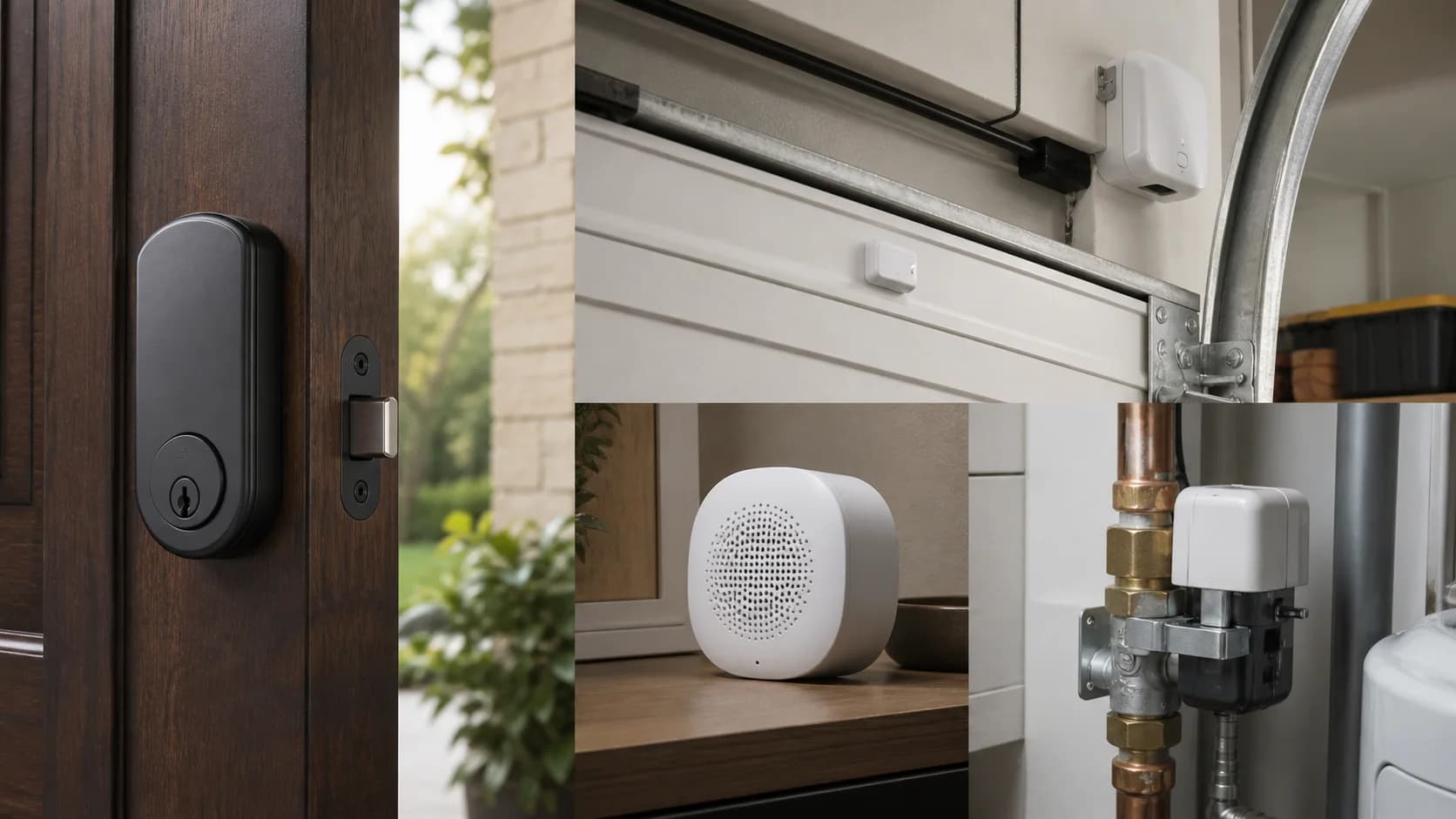 Original editorial scene with unbranded smart access, alarm, and shutoff hardware