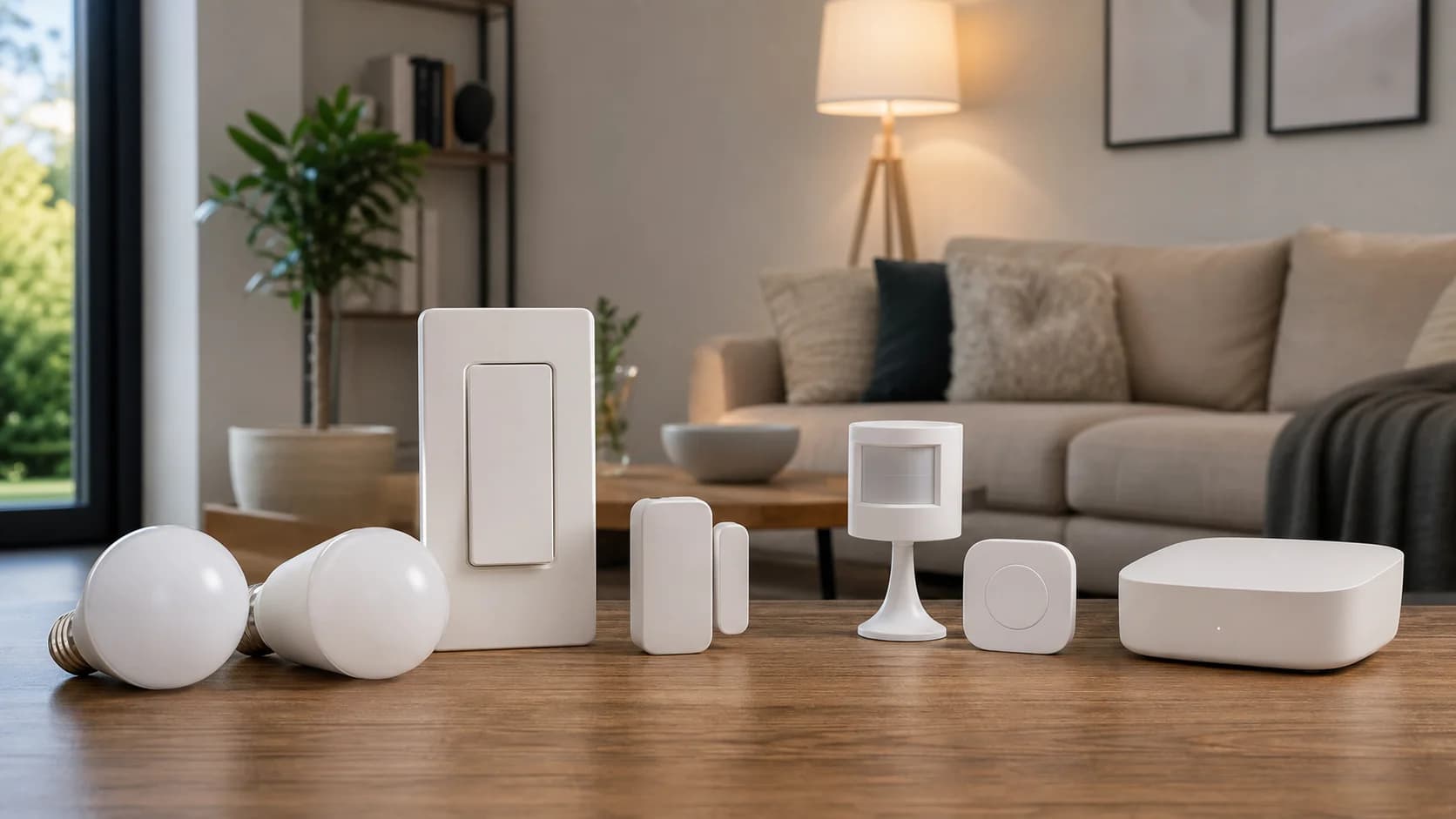 Original editorial scene with unbranded smart-home automation controls and sensors