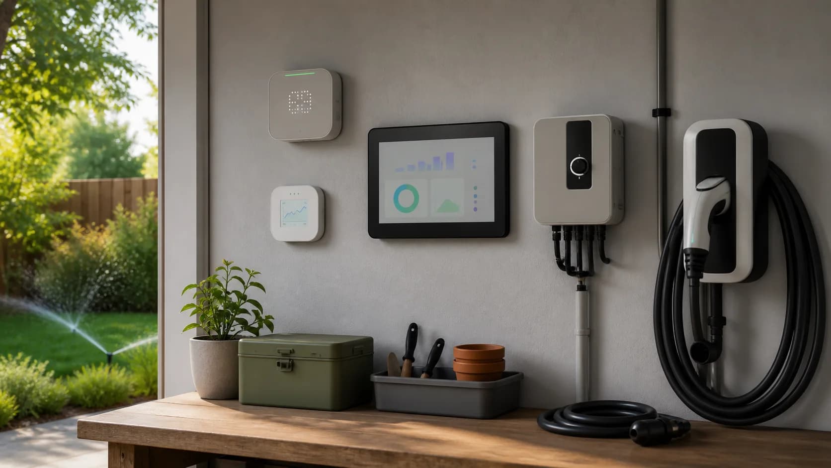Original editorial scene with unbranded climate, energy, and charging controls