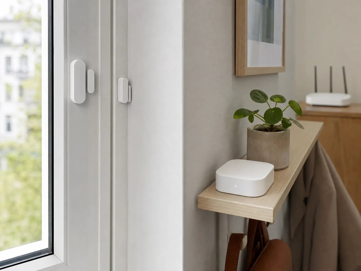 Two realistic door and window contact sensors near a smart-home hub and network router for protocol planning